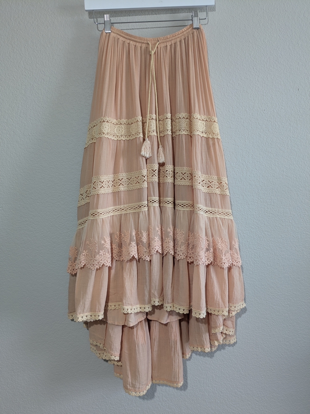 Spell Designs Prairie Peach Hi-Lo Lace Ruffle Tiered Maxi Skirt Early Spell  S - Picture 4 of 16